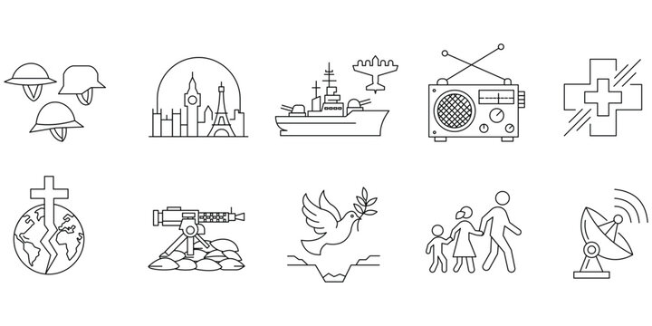 Military history war icons with soldier helmets battleship radio medical cross dove peace refugee.Editable stroke, Vector illustration, Line art Icon, Symbols.