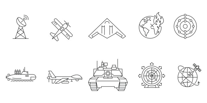 Modern military technology icons with stealth bomber drone tank submarine radar satellite globe.Editable stroke, Vector illustration, Line art Icon, Symbols.