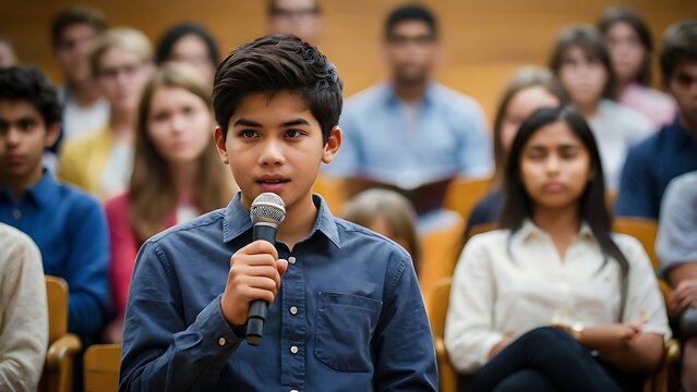 Public Speaking Event Featuring Youth Presenter Blurred Audience and Cinematic 85mm Perspective
