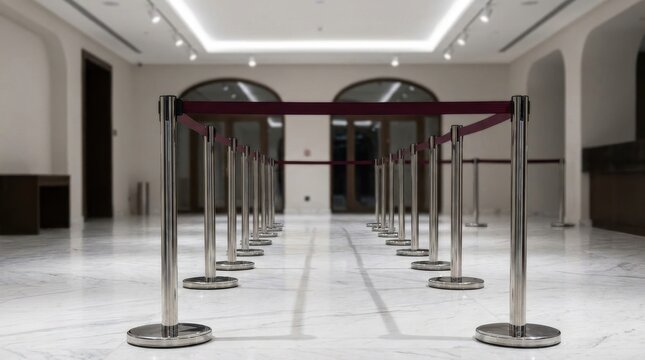 Polished chrome stanchions with red velvet ropes guiding queues in a modern interior hall