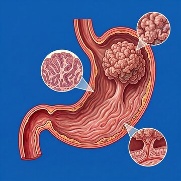 Adenomatous Polyps (Precancerous): A detailed illustration of a large, lobulated, or "cauliflower-like" polyp with a stalk (pedunculated), symbolizing a precancerous gastric adenoma. Blue background.,