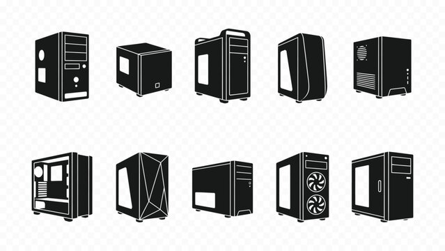 Solid black icon set of computer cases PC towers and server hardware systems for electronic tech machines