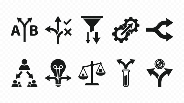Solid black icon set of law scales justice balance and data funnel filters for legal court analytics process