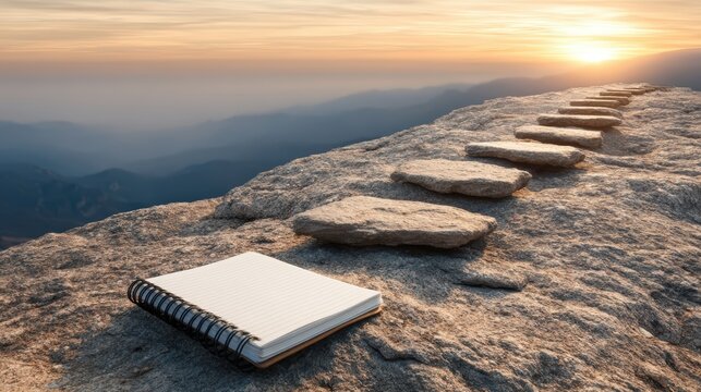 A spiral notebook rests on a rocky cliff path with stone steps leading toward the sunrise over misty mountains.