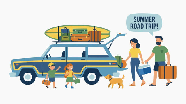 Family embarking on a summer road trip, packed with luggage and a cheerful mood. The car is loaded with suitcases and a surfboard