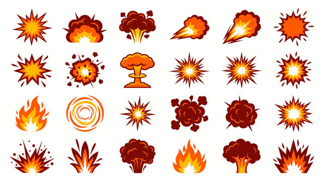 Cartoon explosion effects set with various fire blasts and bomb impacts.