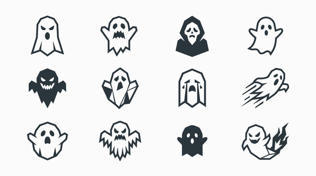Collection of various Halloween ghost icons and spooky spirit character designs.