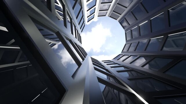 Modern architecture skyscraper tower facade with glass window and steel structure reflecting blue sky, geometric building, 3d rendering