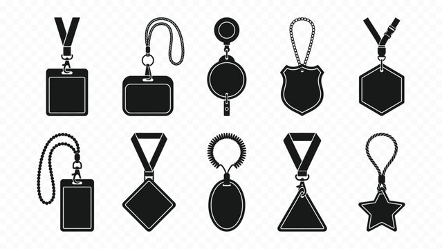 Solid black icon set of ID cards lanyards and employee badges for identity office business staff access