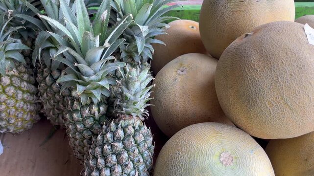 Fresh cantaloupe melons and ripe pineapples at local market