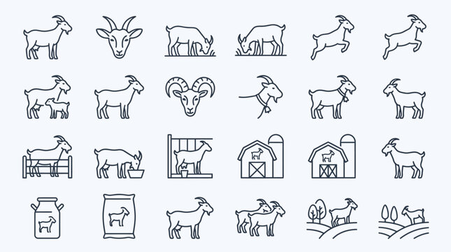 Set of goat and farm icons line style.