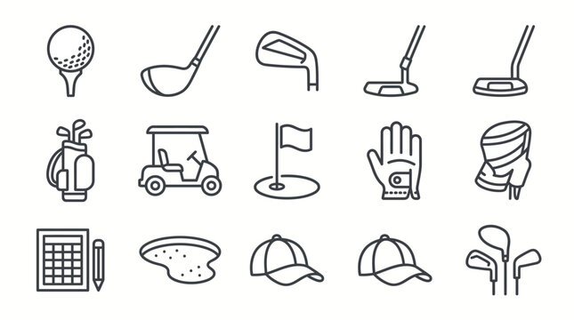 Set of golf icons representing equipment and course features.