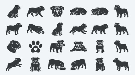 Fototapeta premium Set of bulldog silhouettes and icons for pet design.