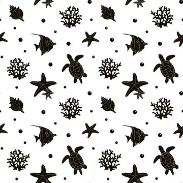 Seamless pattern with turtles and fish