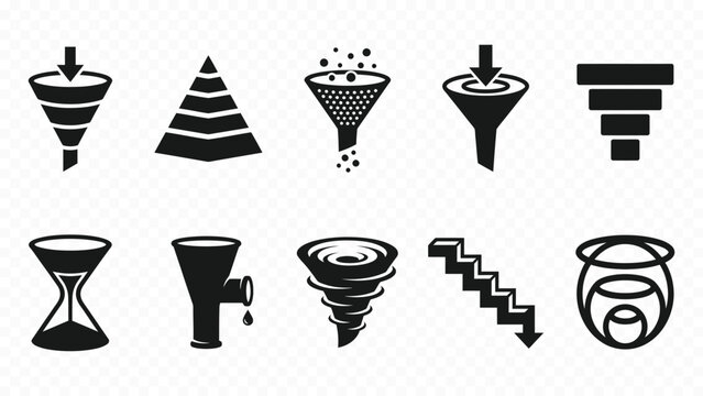 Solid black icon set of tornados funnels spinning tops and weather storms for disaster nature wind games