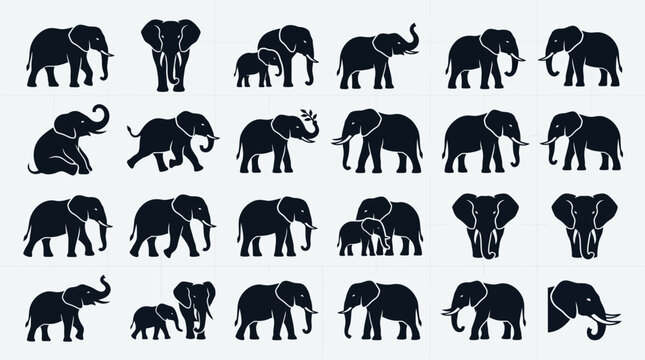 Set of black elephant silhouettes in various poses and positions.