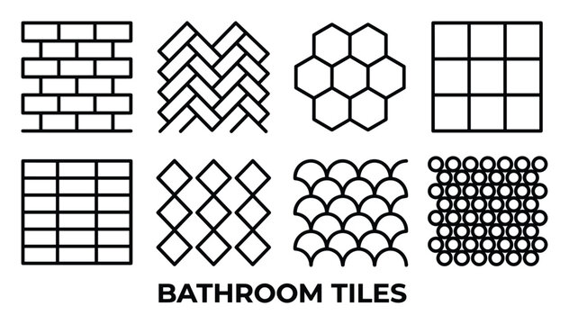 Set of eight bathroom tile pattern illustrations isolated on white background.