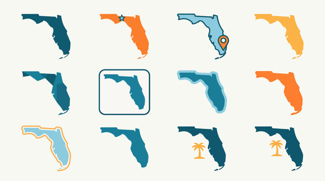 Set of twelve diverse Florida state map icons.