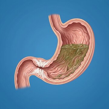 Gastric Outlet Obstruction (Scarring): A cross-section of the stomach's distal end showing severe narrowing due to thick, fibrous scar tissue from chronic ulcers, symbolizing a complete outlet obstruc