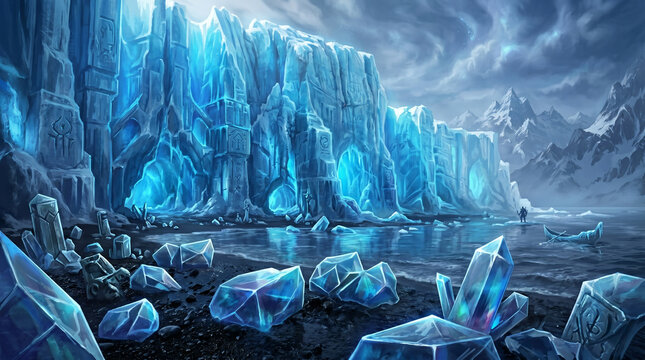 Epic Digital Illustration of a Majestic Glacier Wall with Crystal Clear Geometric Ice Blocks in Deep Glowing Blue