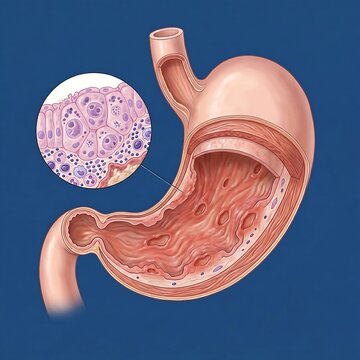 CMV Gastritis (Viral Infection): A conceptual, detailed illustration of the stomach lining showing multiple large, shallow ulcers and generalized inflammation caused by Cytomegalovirus infection. Blue