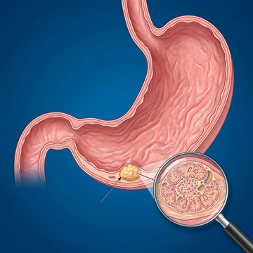 Heterotopic Pancreas (Ectopic Tissue): A detailed illustration of the stomach antrum showing a small, firm, yellowish nodule within the wall, symbolizing an ectopic growth of pancreatic tissue in the 