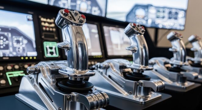Polished Aluminum Flight Joysticks and Trigger Mechanisms in a Modern Aircraft Cockpit
