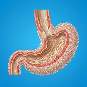 Pneumatosis Cystoides Intestinalis (Stomach Cysts): A detailed view of the stomach's outer serosa covered with numerous small, gas-filled cysts, symbolizing pneumatosis affecting the gastric organ. Bl