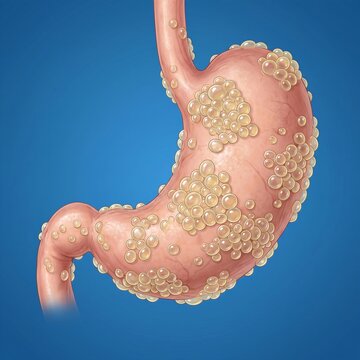 Pneumatosis Cystoides Intestinalis (Stomach Cysts): A detailed view of the stomach's outer serosa covered with numerous small, gas-filled cysts, symbolizing pneumatosis affecting the gastric organ. Bl