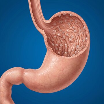 Fundic Gland Polyps: A detailed view of the stomach fundus covered with numerous small, translucent, and smooth-surfaced polyps, symbolizing common fundic gland polyps. Blue background., 1:1 ratio.
