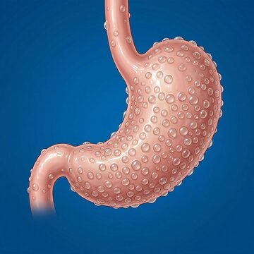 Pneumatosis Cystoides Intestinalis (Stomach Cysts): A detailed view of the stomach's outer serosa covered with numerous small, gas-filled cysts, symbolizing pneumatosis affecting the gastric organ. Bl