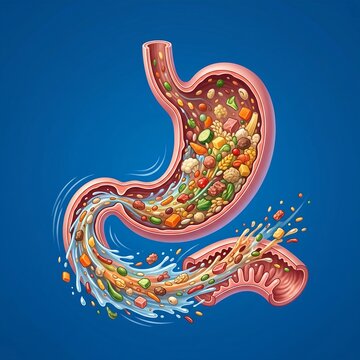 Dumping Syndrome (Rapid Emptying): A conceptual visualization of the stomach showing a rapid, turbulent flow of undigested food particles exiting the pylorus into the small intestine, symbolizing dump