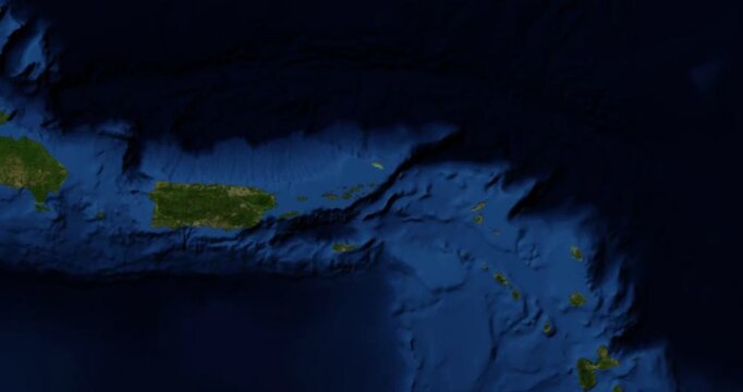 Norman Island on Globe. Zoom into the island with Earth spinning in space. Locating position on high detail physical world map. Elements of this image furnished by NASA.