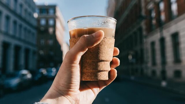 Reusable cup with cork sleeve held hand for hot coffee urban street zero waste travel lifestyle