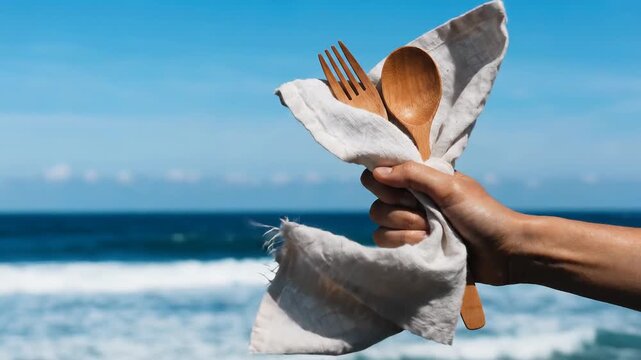 Wooden spoon fork wrapped cloth held by hand near ocean for eco travel zero waste lifestyle