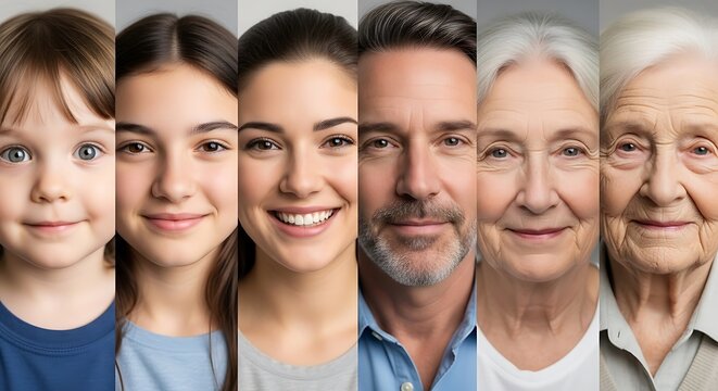 Diverse multi-generational people portraits, human aging process from child to senior, collage of smiling faces across different ages and generations