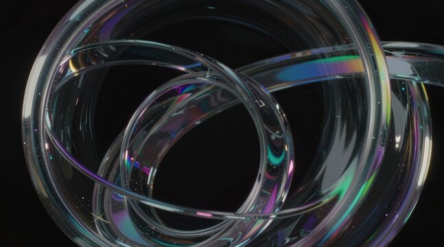 Abstract iridescent glass rings rippling with light dispersion and reflection on a black background