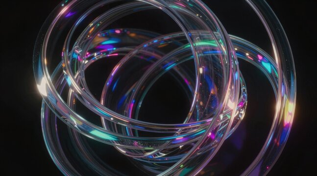 Abstract iridescent glass rings rippling with light dispersion and reflection on a black background