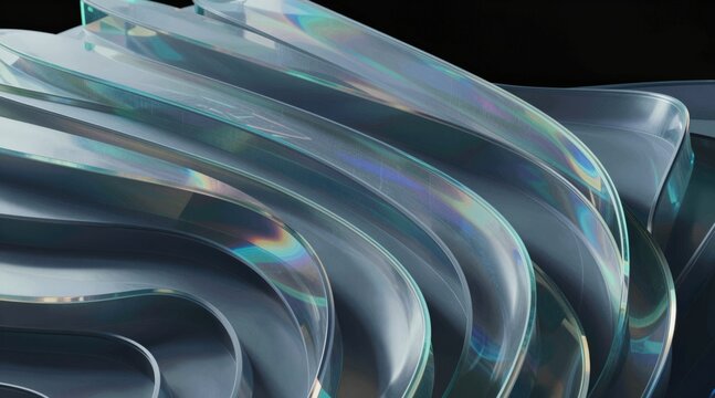 Abstract iridescent glass rings rippling with light dispersion and reflection on a black background
