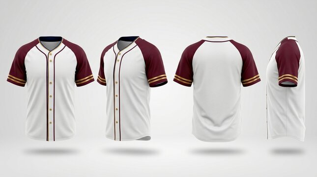 Blank white and burgundy baseball jersey mockup with raglan sleeves and golden accents, presented in multiple views for design display