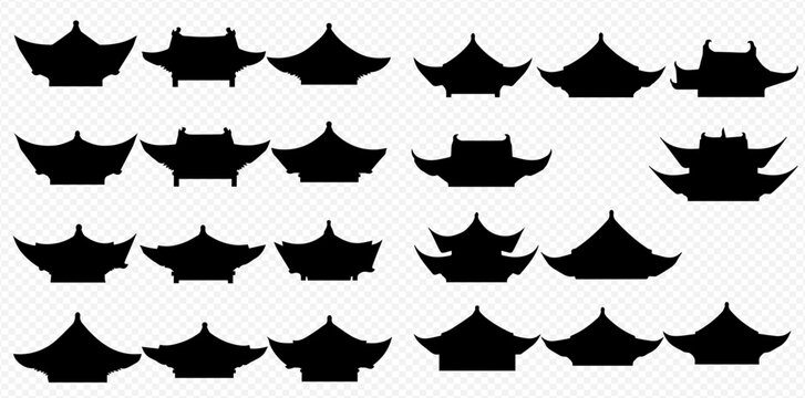 Set of traditional Asian roof silhouettes, featuring various curved and layered designs, isolated on a transparent background.