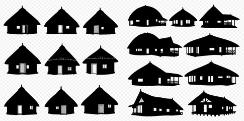 Fototapeta premium Set of traditional African hut silhouettes, showcasing various architectural styles and designs.