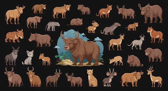 Variety of animals on black background.