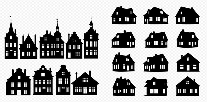 Set of various black silhouettes of houses and buildings, including old European architecture and modern homes, isolated on a transparent background.