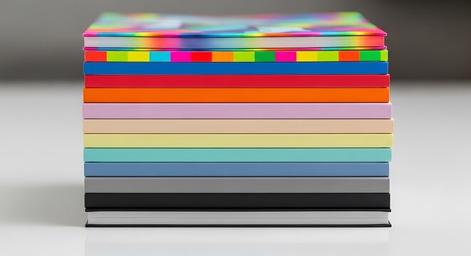 Colorful stack of notebooks in rainbow palette, vibrant paper stationery collection, multi-colored books for creative office organization and journaling