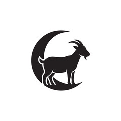 Goat standing on crescent moon, black silhouette white background © Al Creator Hub
