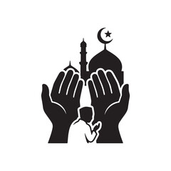Islamic eid silhouette, prayer hands, mosque, and crescent moon © Al Creator Hub