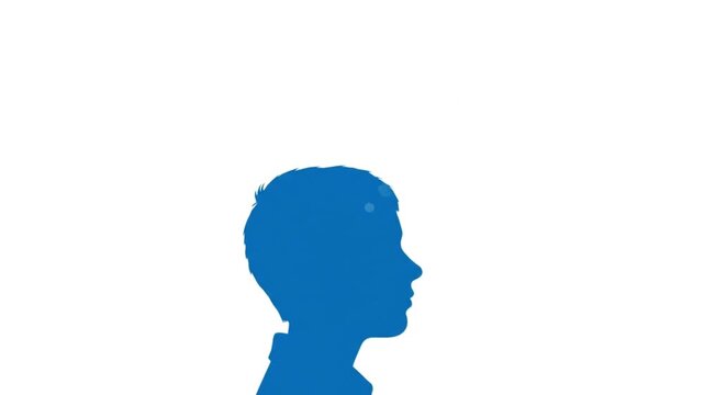 Blue Silhouette of a Thinking Boy with Animated Thought Bubble Appearing on White Background