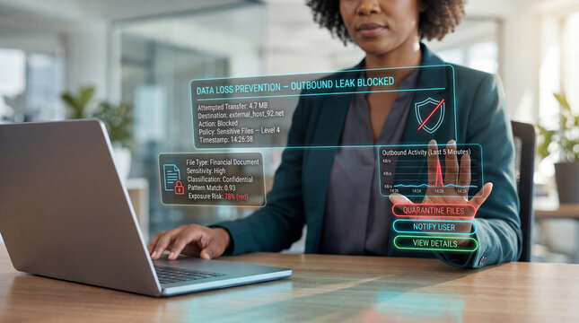 Cybersecurity professional using holographic virtual interface for data loss prevention and blocking outbound financial document leaks on a laptop