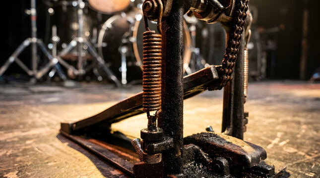 Old drum pedal on stage with drum set in background